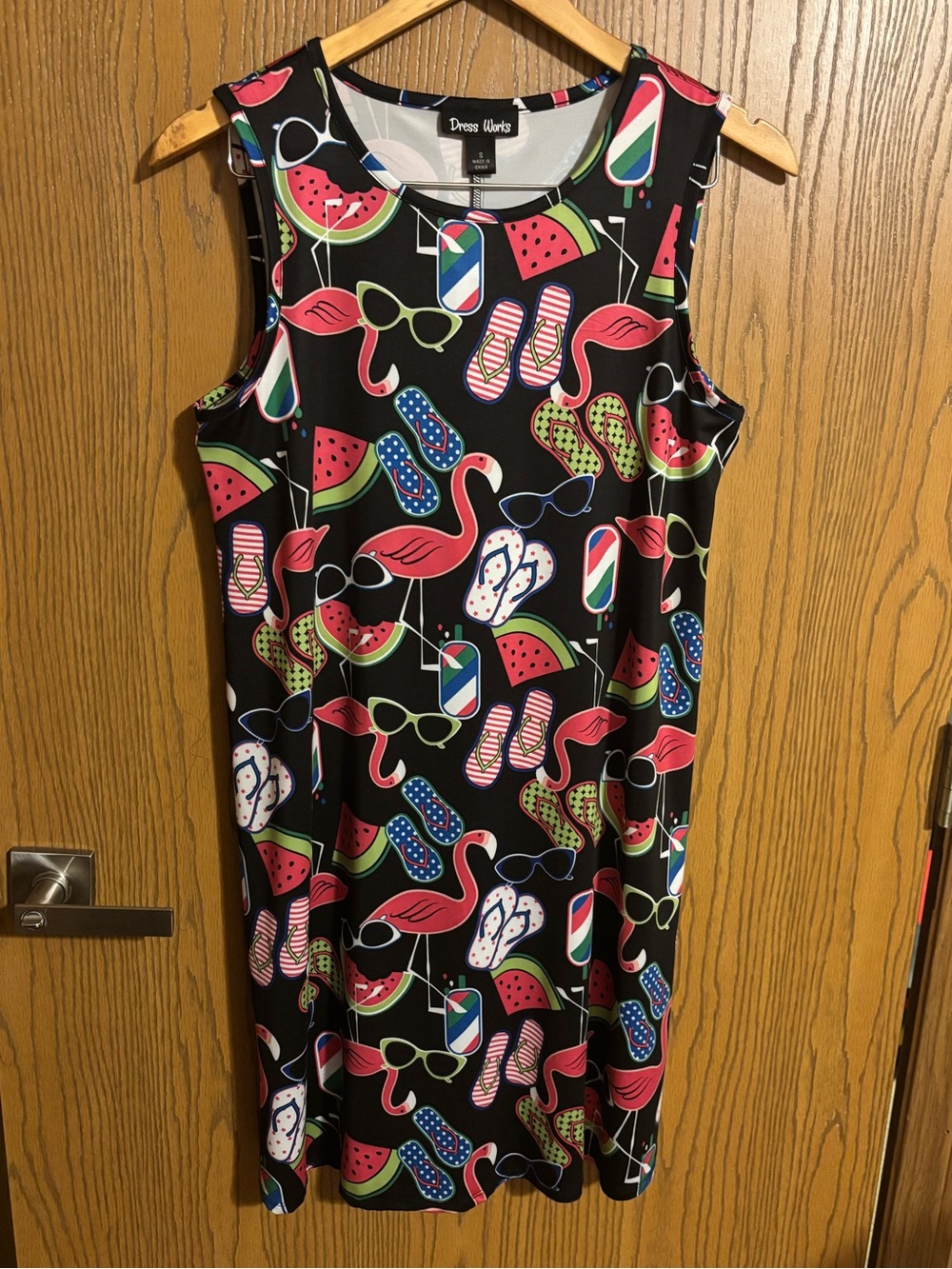 Black Sleeveless Midi Dress with Pink Flamingo & Summer Print